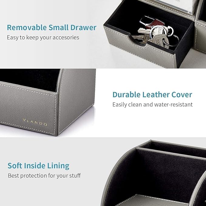 Vlando Desk Organizer with Drawer, Back to School Supplies - 5 Compartment Desktop Storage Holder with Organizer Section for Desk Accessories (Gray)