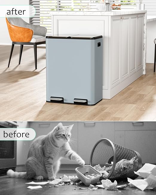 16 Gal (2 x 30 L) Dual Trash Can, Stainless Steel Kitchen Garbage Bin, Recycle Dustbin with Odor Control Box, Soft-Close Lid, Inner Buckets, Side Handle, Step Pedal, for Home Office