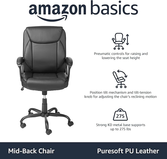 Amazon Basics Classic Puresoft PU Padded Mid-Back Height Adjustable Office Computer Desk Chair with Armrest, 26"D x 23.75"W x 42"H, Black