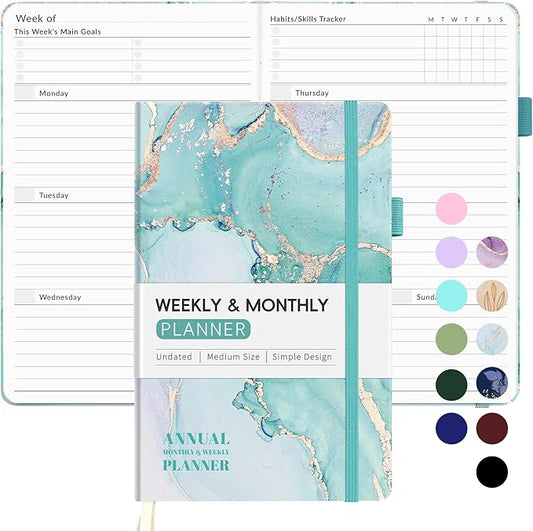 Undated Weekly Planner for 2025, Forvencer Simplified Weekly & Monthly Calendar Planner, Cute Daily Organizer Notebook, Agenda Journal to Track Goals & Tasks, Start Anytime, A5 Size, Teal Marble