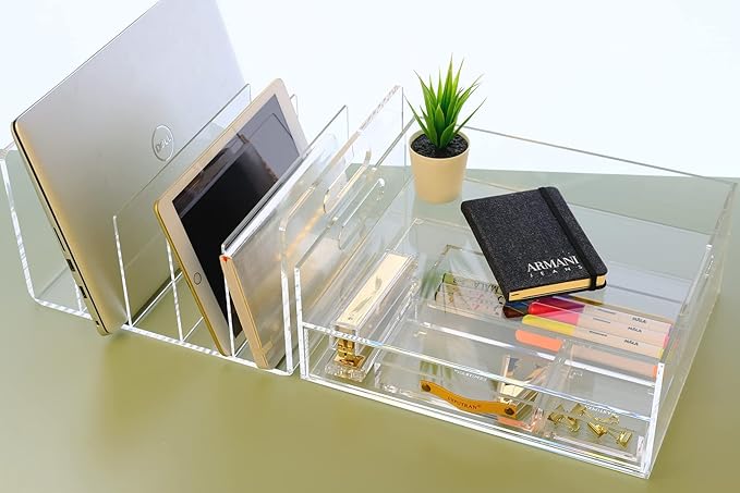 Acrylic Desk Organizer Drawer + Inbox with Letter Tray 12.6” x 10.6” x 5”, A4 Size, Clear