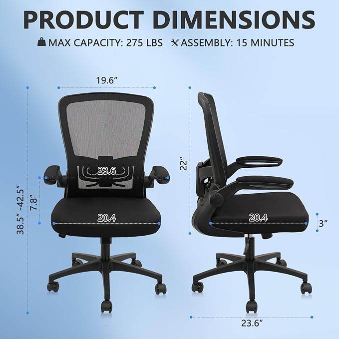 Office Desk Chairs with Wheels, Ergonomic Mesh Chair with Adjustable Height Lumbar Support, Rolling Swivel Computer Task Chair with Flip Up Armrests for Home, Study, Conference, Black (8PK)