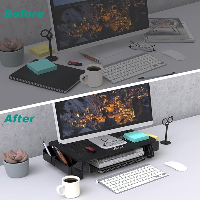 WALI Monitor Stand with Storage, Monitor Riser with Ventilation Drawer and Side Storage, Laptop Stand Riser for Desk, Printer Stands, (STT007), Black