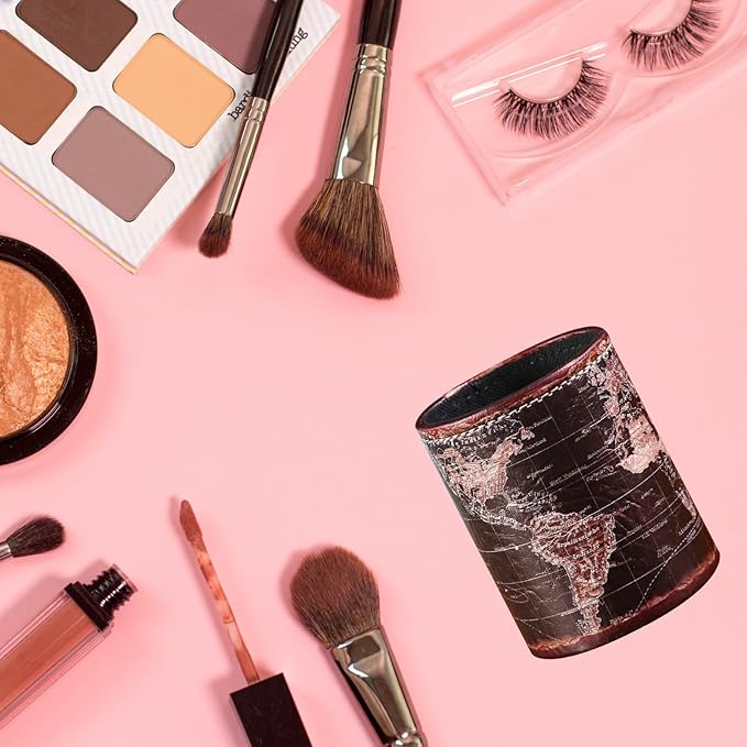 Black World Map Pencil Holder for Desk, PU leather Pencil Cup, Globe Pen Holder for Desk Office Supply Organizer PH46