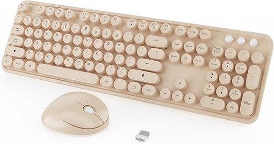 Wireless Keyboard and Mouse Combo, Cute Colorful 104 Keys Typewriter Retro Round Keycaps Keyboard for PC Laptop,Desktop,Windows, Home and Office Keyboards Coffee
