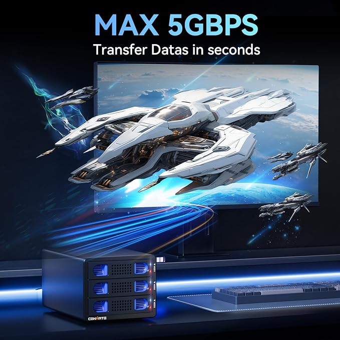 3 Bay Hard Drive Enclosure with Cooling Fan for 2.5“/3.5" SATA HDD/SSD with USB A/C 3.0, Support 60TB, Hot Swappable, Daisy Chain Expansion, Tool-Free HDD Enclosure, DAS(NO RAID/NAS)