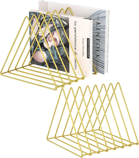 Urban Deco Triangle Desk Organizers Metal Wire Magazine Holder 7 Sections Decorative File Folder Organizer Vinyl Record Storage Office For Desk - Gold Magazine File Holder - Pack of 2