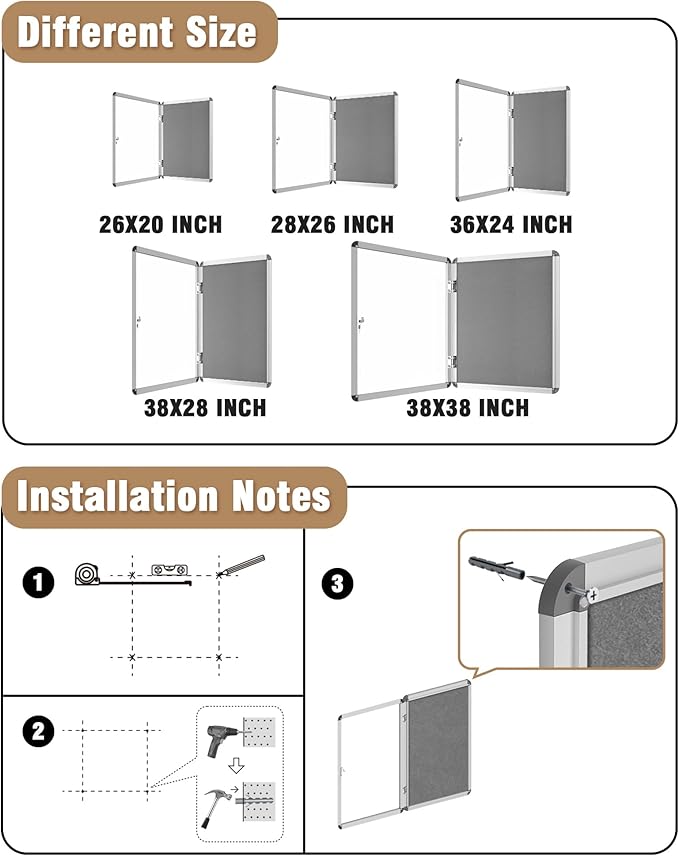 38"x38" Enclosed Bulletin Board, Lockable Weather-Resistant Aluminum Cork Noticeboard for School & Office, Silver Frame w/Grey Flet