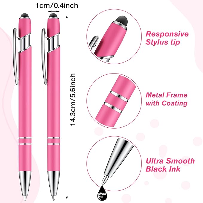 Zonon 38 Pieces Rubberized Ballpoint Pen with Stylus Tip Stylish Metal Pen Capacitive Styli with Soft Rubberized Grip, Black Ink for Most Devices(Hot Pink)