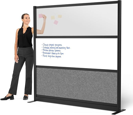 Stand Up Desk Store Workflow Modular Wall | 70'' x 70'' Wall | Expandable Partition Room Divider with Rearrangeable Frosted Acrylic, Sound Absorbent and Whiteboard Wide Panels (Black Frame)