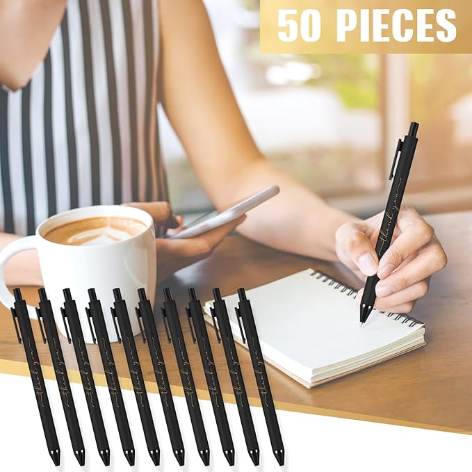 50pcs Thank You Pens Bulk Cute Multicolor Ballpoint Pen for Men Women Server Accessories Employee Holiday Appreciation Gifts for Teacher Office Back to School Party Favor (Black)