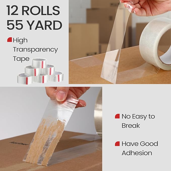 2 Pack Packing Tape Dispenser Gun with 12 Roll Packing Tape 2 Inch Gun 2.7 Mil Heavy Duty Packaging for Shipping, Moving, Carton and Box Sealing(Red)