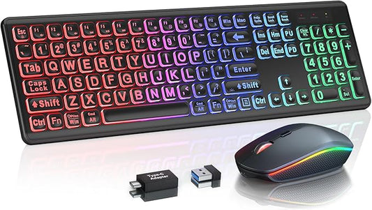 Wireless Keyboard and Mouse Combo - Large Print, RGB Backlit, Oversize Light Up Letters, Rechargeable, Ergonomic Tilt Leg, Sleep Mode, 2.4GHz Quiet Keyboard Mouse for Mac, Windows, Laptop, PC, Trueque