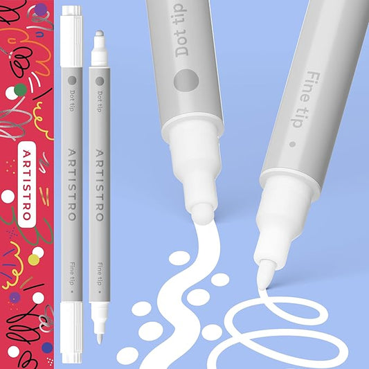 ARTISTRO 2 White Dual-Tip Acrylic Paint Pens - Multisurface Markers for Fabric, Plastic, & More, 5mm Dot + 1mm Fine Tips