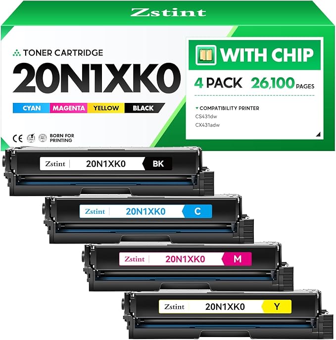 20N1XK0 20N1XC0 20N1XY0 20N1XM0 Toner Cartridge Set（4-Pack with chip）High Yield Replacement for Lexmark 20N1XK0 Toner Compatible with Lexmark Color CS431dw CX431adw CS431 CX431 Laser Printer (B/C/M/Y)