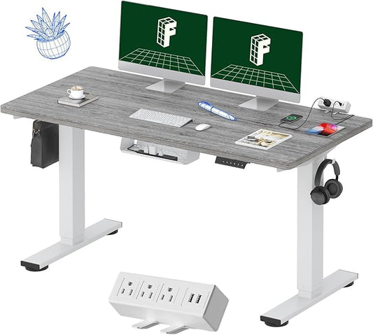 FLEXISPOT EN2 Whole-Piece Standing Desk with Clamp Power Strip, 55 x 28 Electric Stand Up Height Adjustable Desk with Cable Management (White Frame + 55" Gray Wood Grain Top,2 Packages)