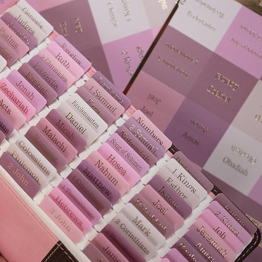 UPAFEXXI-Laminated Bible Tabs for Women and Men (Gold Foil Embossed Lettering) Reposition Large Print tabs, Easy to Read and Apply, 80 Bible Chapters Labels for Easy Navigation(Pink and White)