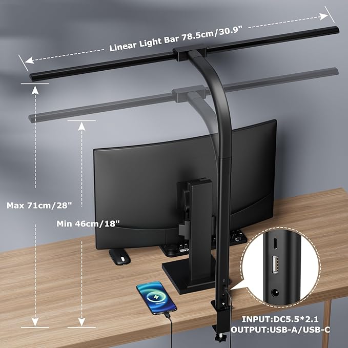 Desk lamp,LED Desk Lamps for Home Office,24W-Eye-Caring Computer Desk Lamp with Clamp,Architect Lamp with Flexible Gooseneck,LED Table Light for Reading,Dimmable Monitor Table Lamp,Double Head