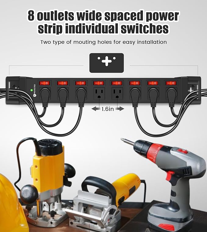 Heavy Duty Power Strip with Individual Switches,8 Outlets 14 Gauge Industrial Shop Garage Metal Multiple Outlets,1200J Surge Protector Mountable Power Strip,6FT Extension Cord Management(Black)