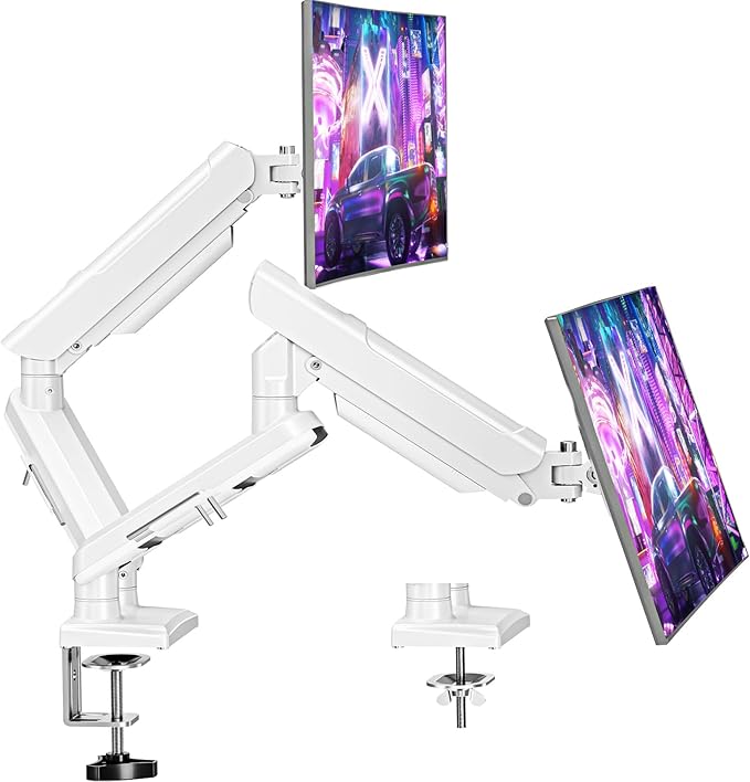 Dual Monitor Mount for 32 27 24 22inch Screens, Gas Spring Monitor Stand for 2 Monitor, Full Adjustable Monitors Desk Mount with C-Clamp＆Grommet Base, Each Arm Holds 4.4-22 lbs, Freelift Pro White