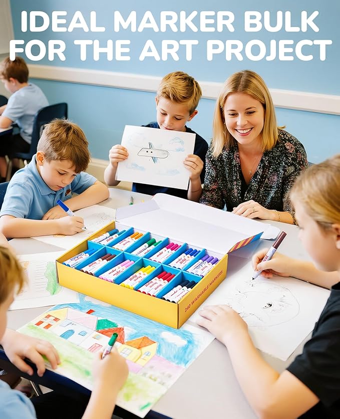 JoyCat 240-Count Washable Markers Bulk Set - 12 Assorted Colors | Classroom Supplies for Teachers, Markers For Kids & School | Flip-Top Storage Box, Non-Toxic Art Supplies