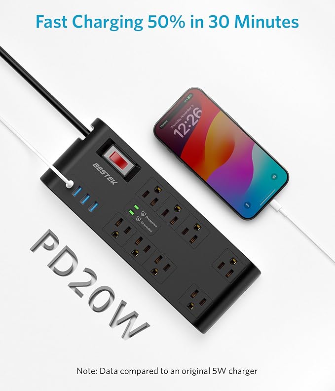BESTEK 4,000 Joules Surge Protector with USB,6 Feet Extension Cord Power Strip with 8 AC Outlets 15A 1875W,5V 4.2A 4 USB Charging Ports Desktop Charging Station,Wide Spaced Outlet for Large Plug,Black