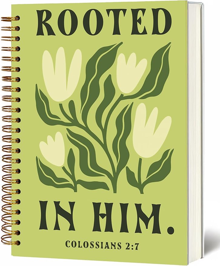 Bible Journal, A5 Spiral Christian Bible Green Flower Notebook, Rooted in Him, Bible Verse Gift for Women Men Birthday Christmas, Sunday School, Office Supplies, Bible Study (Green-flower)