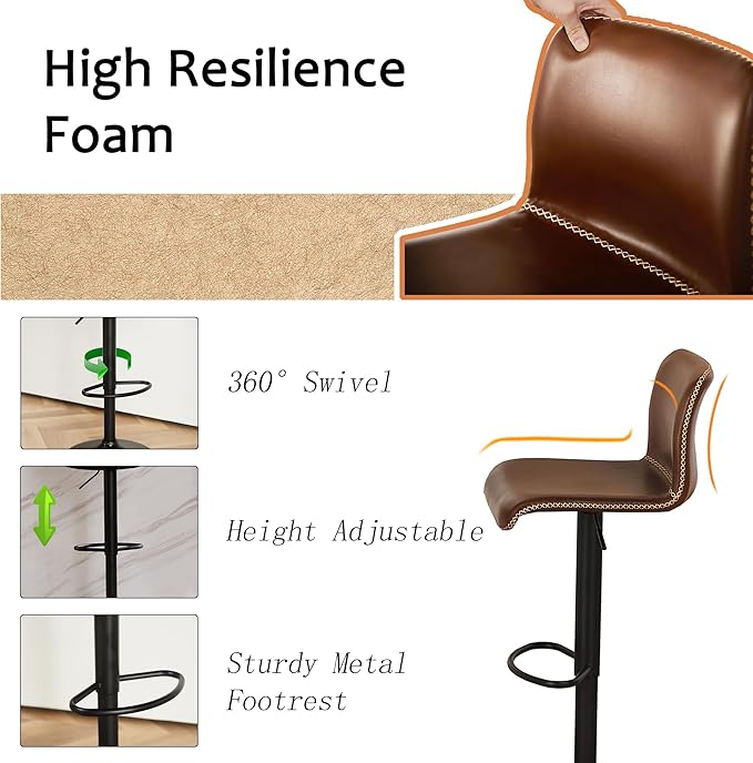 HeuGah Swivel Bar Stools Set of 2, Adjustable Counter Height Barstools with Back, Brown Faux Leather Bar Chairs for Kitchen Island (Brown, Set of 2 (24'' to 32''))