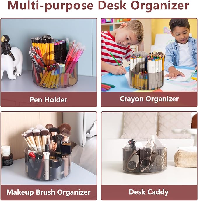 Absonic Acrylic Pen Holder Crayon Organizer for Kids, 6 Slots Arts and Crafts Organizer Marker Caddy Organizer for Classroom, 360 Rotating Pencil Holder Art Supplies Storage for School Office Grey