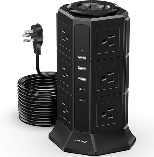 Surge Protector Power Strip Tower, 10FT Ultra Flat Extension Cord with 12 AC Outlets 5 USB Ports(2 Type C), Desktop Charging Station, Flat Plug Outlet Extender for Home Office Dorm