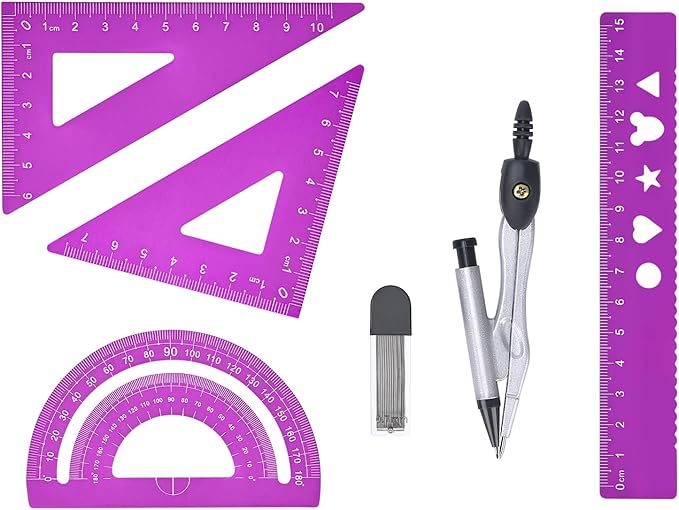 6 Pcs Metal Geometry Set, Math Geometry Kit, Metal Ruler Set and Compass Geometry Tool, Rulers Protractor and Compass Set for Student School and Drawings Supplies (Purple)