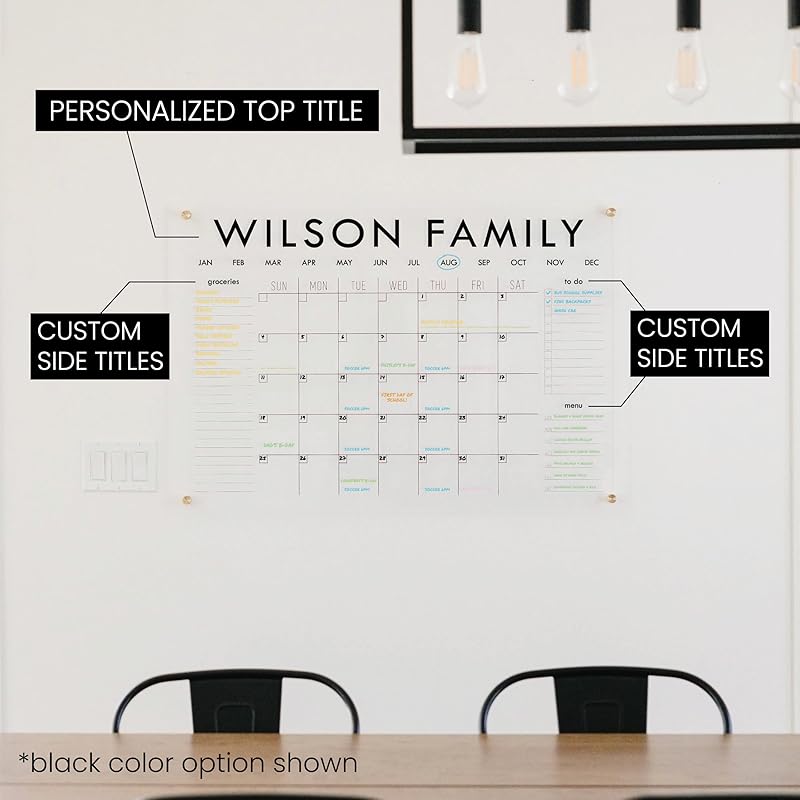 Personalized Clear Acrylic Calendar for Wall, Calendar Whiteboard for Wall, Dry Erase Wall Calendar, Wall Calendar Organizer System for Home (Block, Black, 31"W x 23"H)