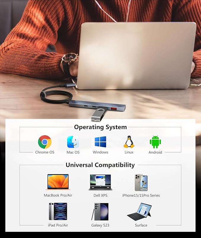 Aceele USB C Hub 10Gbps, 4 Ports USB 3.2 HUB with 2 USB-C 3.2 and 2 USB-A 3.2 Ports, 3.3ft USB Port Extender Splitter, USB C to USB A Hub Multiport Adapter for Laptop, MacBook Pro Air, iPad, iMac