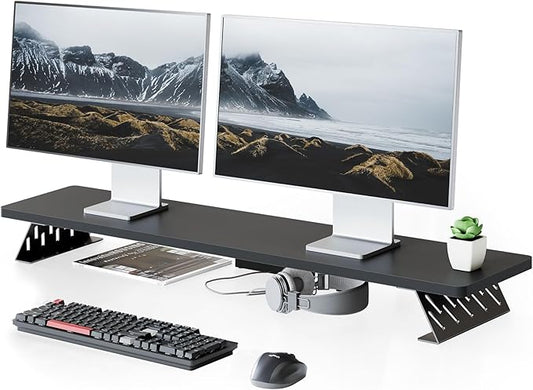 Fenge Dual Monitor Stand Riser, 42.5 Inch Desk Top Shelf for 2 Monitors, Computer Stands for Desk, Wood & Steel Desktop Riser for Laptop, PC, Printer