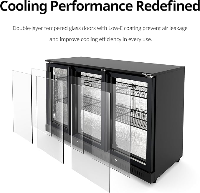 54 inch 318-can Triple Hinged Door Back Bar Cooler, 10.42 cu. ft. Under Counter Glass Door Bar Fridge with hinged doors, lockable, 32-50°F Beverage Refrigerator, ETL Certified, Black