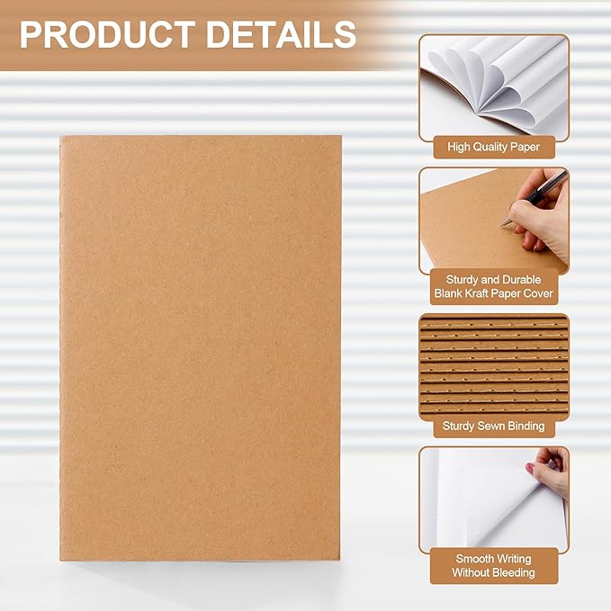 60 Pack A5 Unline Kraft Notebooks, 8.3x5.5inch Blank Journal Notebook Bulk for Drawing & Writing, Small Blank Paper Sketchbook Travel Journal Set for Adult, Paint Beginner and Student, 60 Pages