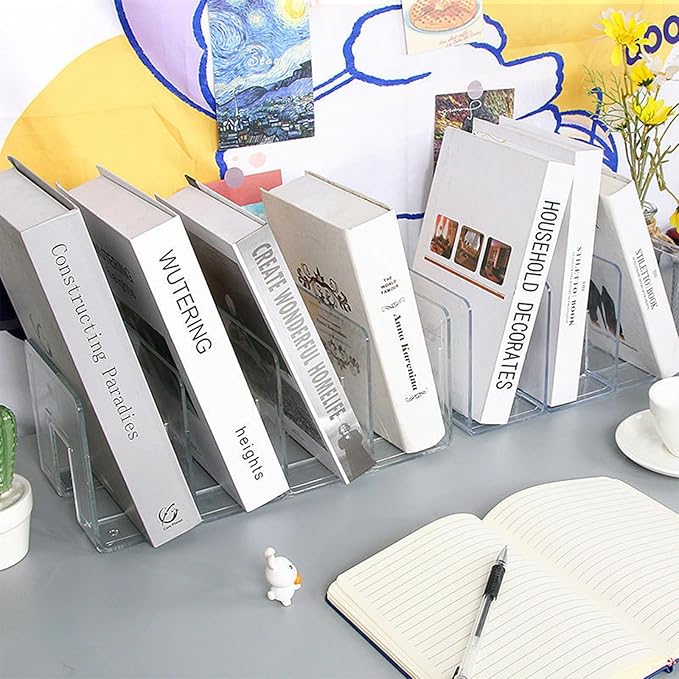 2PCS Acrylic File Organizer for Desk, Desktop Document/Mail Organizer, 4 Compartments Plastics Invisible Bookshelf Floating (12.5" x 5.7" x 5", Clear)