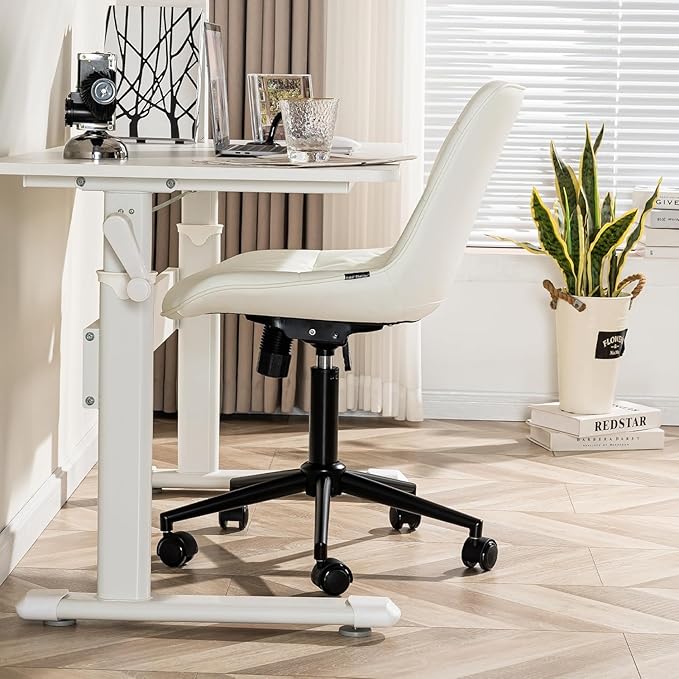 Kidol & Shellder Faux Leather Office Chair, Adjustable Swivel Height Task Chair, Rolling Wheels & Soft Backrest - Armless Ergonomic Desk Chair for Home, Office,Vanity,Gaming（White）