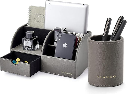 Vlando Office Supplies Desk Organizer Caddy, Desktop Hanging File Letter Document Storage Holder with Drawer Organizer Section for Office Home (Set of 1-grey)