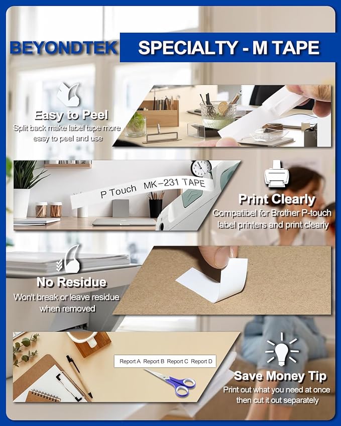 6Pk P Touch M Tape Work with PT-65 PT-70 PT-70BM PT-M95 PTM95 Replace with Brother P Touch M Tape 12mm 0.47 M-K 131 M-K231s 431s 531s 631s 731s for Brother PTouch PT-45 PT-80 PT-90,8m 26.2ft