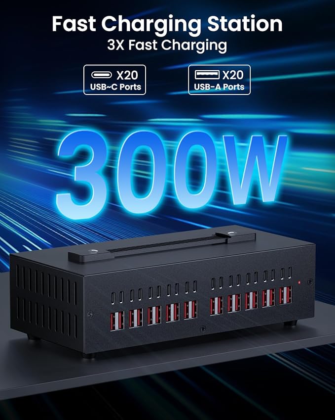 300W USB~c Charging Station, 40 Port (20 USB A & 20 USB~C Port) USB Charger Block, Fast Charging Station for Multiple Devices, Desktop Charger Compatible for iPhone, iPad, Tablets