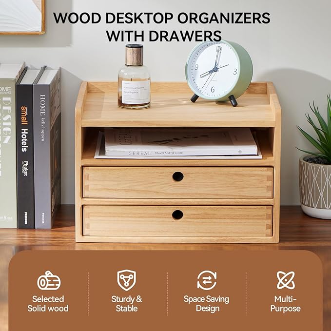 KIRIGEN Desktop Organizer with 2 Drawers and Tray - Wood Office Desk Storage Shelf for Office Supplies - Small Cabinet for Countertop Accessories Storage 3 Layer Natural（DT3D2C-NA）