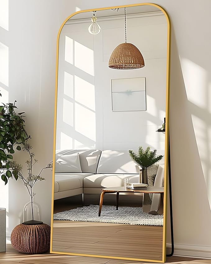 Antok Full Length Mirror, 78"x38" Floor Mirror Freestanding, Arched Floor Standing Large Full Body Mirror with Stand for Bedroom, Hanging Mounted for Living Room, Gold