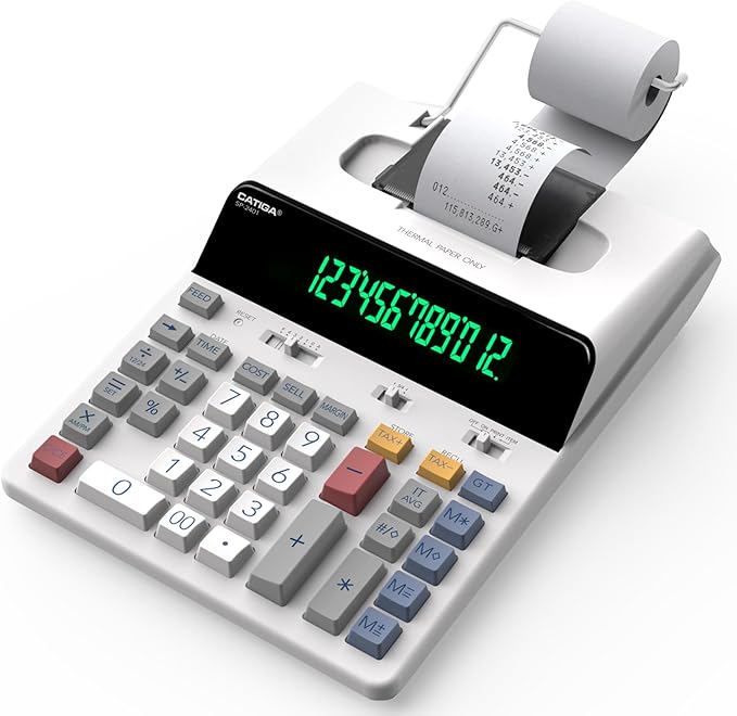 CATIGA 12 Digit Thermal Printing Calculator with Tape Print Out, Ink-Free Adding Machine, 3X Faster Quite at 8.0 LPS, Extra Large Fluorescent Display, Tax Calculation with Clock and Calendar, SP-2401