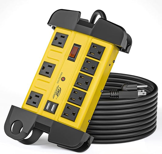 Heavy Duty Power Strip Surge Protector with USB,CRST Metal Power Strip with 2 USB 15 A 1875W, 15-Foot Long Cord 1350 Joules for Home, Kitchen, Office, School, ETL Listed… Yellow