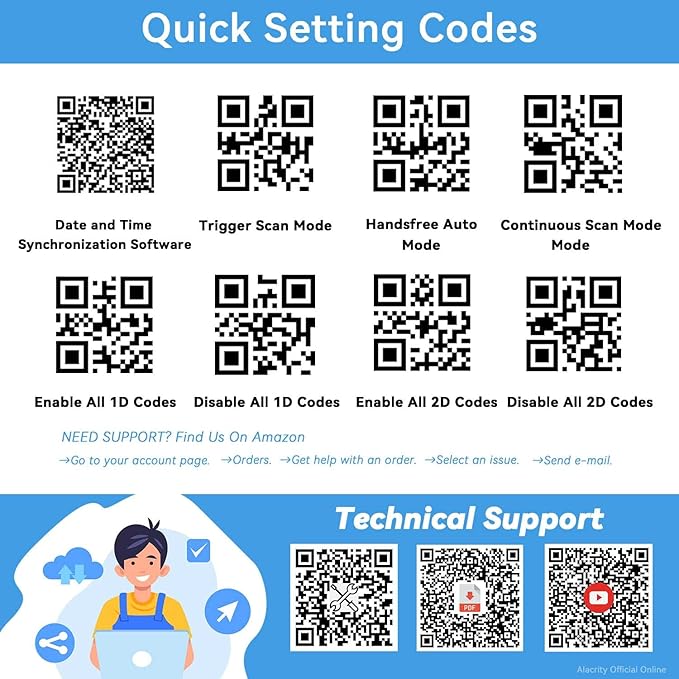 Alacrity Upgraded 2D Industrial Barcode Scanner with Wireless Charging Stand, 1968 Feet Transmission Distance 433Mhz Wireless & Bluetooth 2in1 Barcode Reader, Shock Dust Proof Hands Free, Blue