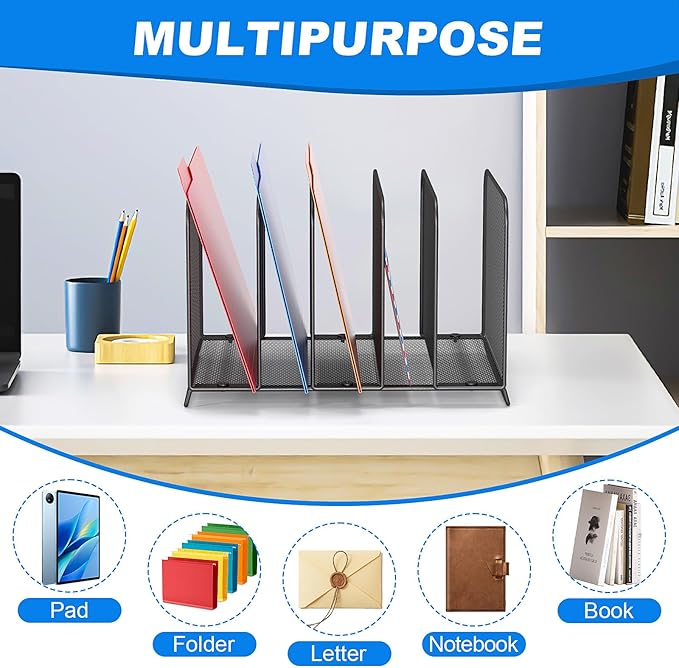 5 Sections Desk File Holder/Rack/Sorter,Mesh File Organizer,File Folder Organizer,Metal Upright Desktop Organization for Documents,Magazine,Kitchenware,Antiskid,Antirust,Sturdy,1 Pack