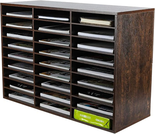 PAG Mail Sorter Organizer, Wood Literature Organizer, Student Mailbox for Classroom, Desktop Bill Paper Organizer for Office Home School, 27 Compartments, Brown