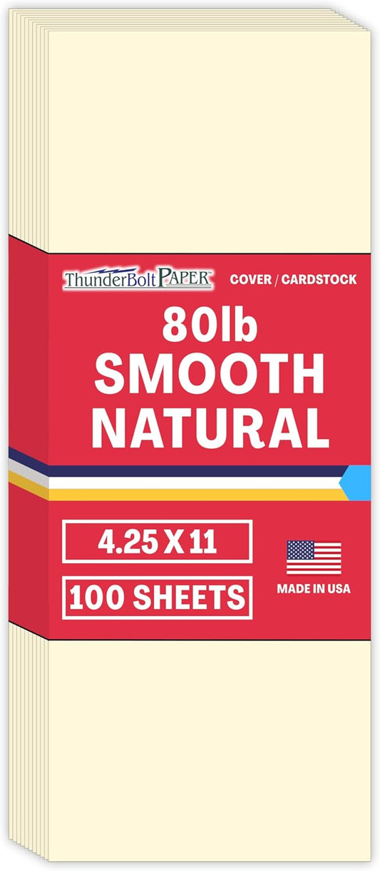 100 Natural Smooth Card Stock Sheets Paper - 4.25 X 11 Inches Half Letter Size Cut Long - 80# (80 lb/pound) Cover Weight - Quality Paper - Smooth Finish