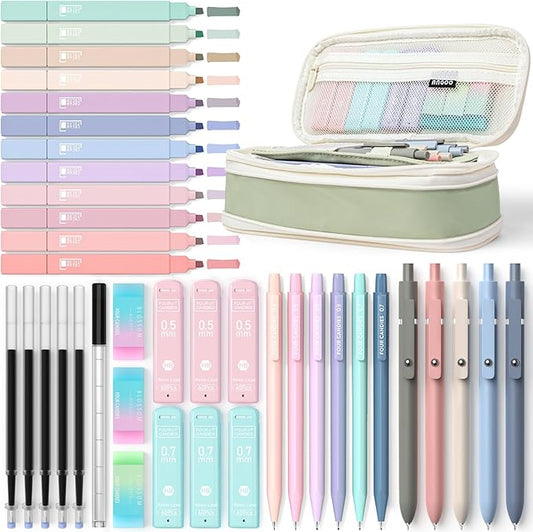 Four Candies 39 PCS Aesthetic School Supplies with Cute Pen Case, 12 Pastel Highlighters, 5 Black Ink Gel Pens, 6 Mechanical Pencils Set 0.5 & 0.7 mm for Students Stationary College Essentials (Green)